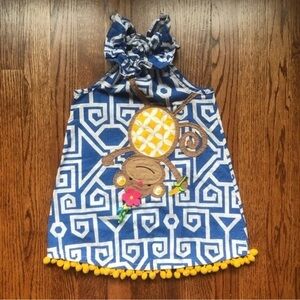 Mud Pie Blue and White Geometric dress with Pom-Pom Trim